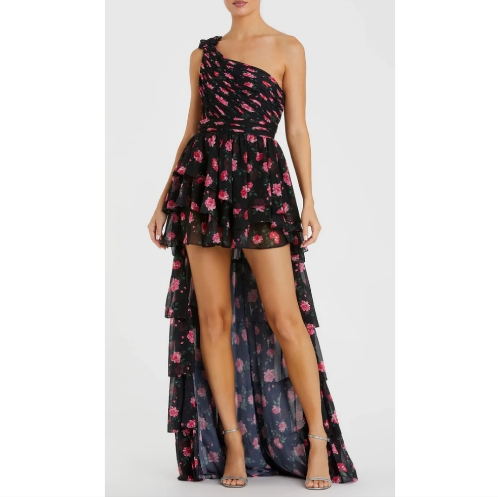 NWT! Mac Duggal Black One Shoulder Ruffled Rose Print Layered High-Low Dress - Picture 2 of 12